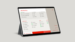 Tablet mit einer angezeigten Benutzeroberfläche für Ereignis- und Leveloptionen.