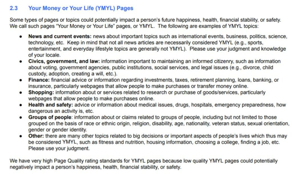 Textblock über „Your Money or Your Life“ (YMYL) Seiten mit Beispielthemen.