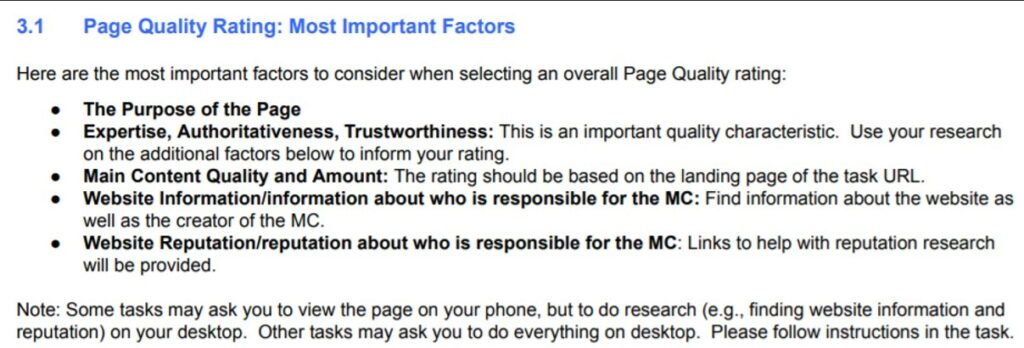 Screenshot eines Textdokuments mit Anweisungen zur Seitenbewertungsqualität.