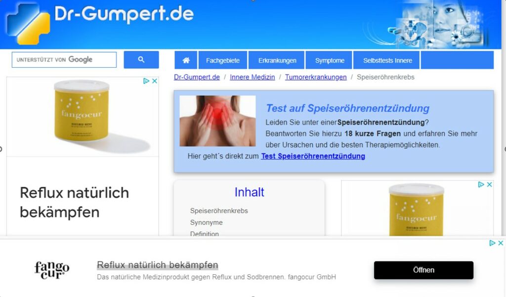 Website mit blauem Banner, Anzeige für Naturprodukt gegen Reflux, Textinformationen.