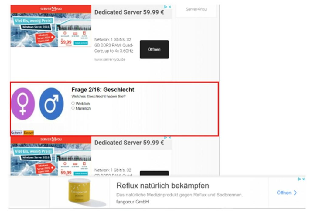 Werbe-Anzeigen umrahmen ein Fragemodul zu Geschlecht, zwei Auswahlmöglichkeiten.