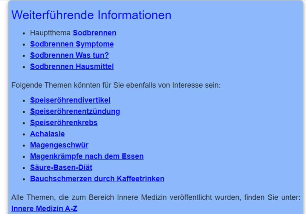 Blauer Hintergrund mit Text zu weiteren medizinischen Themen und Links.