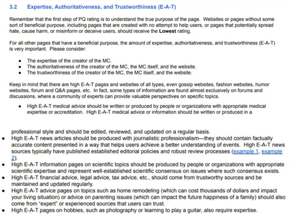 Screenshot eines Textdokuments über Expertise, Autorität und Vertrauenswürdigkeit (E-A-T).