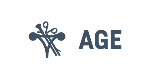 Dunkelblaues Logo mit zwei stilisierten Schlägeln und Buchstaben "AGE".