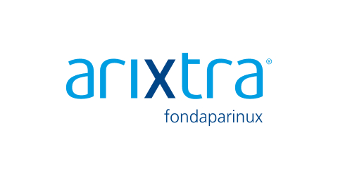 Klarer Schriftzug "arixtra fondaparinux" in Blau auf weißem Hintergrund.