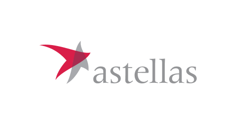 Rotes und graues stilisiertes Vogel-Logo mit dem Wort „astellas“ daneben.