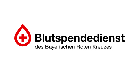 Logo mit rotem Blutstropfensymbol, schwarzer Text „Blutspendedienst des Bayerischen Roten Kreuzes“.