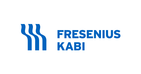 Blaues Logo mit drei vertikalen Wellenlinien und Text "Fresenius Kabi".