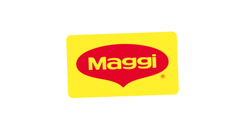 Gelbes Rechteck mit rotem ovalen Logo und weißem Schriftzug „Maggi“.