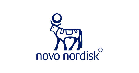 Blaues stilisiertes Rinderlogo mit Schriftzug „novo nordisk“ darunter.