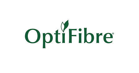 Grünes Logo mit dem Schriftzug 'OptiFibre' und Blatt über dem i.