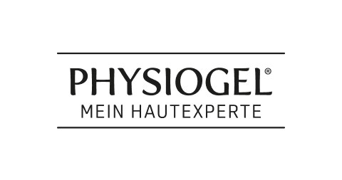 Schwarzes Physiogel-Logo mit Slogan 'Mein Hautexperte' auf weißem Hintergrund.