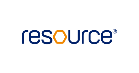 Schriftzug ‚resource‘ in Blau mit orangefarbenem Hexagon als Buchstabe ‚o‘.