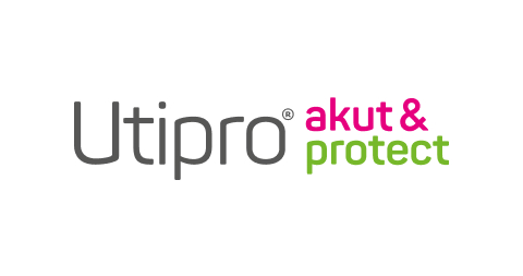 Schriftzug ‚Utipro akut & protect‘ in Grau, Pink und Grün.