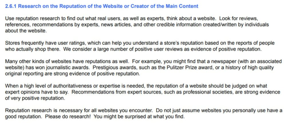 Abschnitt einer Website mit Text über Reputationsforschung für Websites.